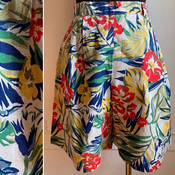 Vintage Pants - Vintage Linen Floral High Waist Shorts